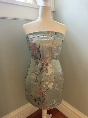 delicate destiny light blue jacquard strapless mini dress Lulu's Aesthetic Pose Slate Blue and Gold